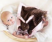 Brown Minky Bunny Rabbit Security Blanket, Lovey Blanket, Satin, Baby Blanket, Stuffed Animal, Baby Toy - Customize Color
