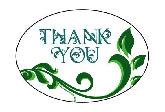 Personalized Thank You Green Floral Business Labels - 1.75"x2.5" Oval WHITE - 15 Labels - Packaging, Wedidngs, Gift Bags etc