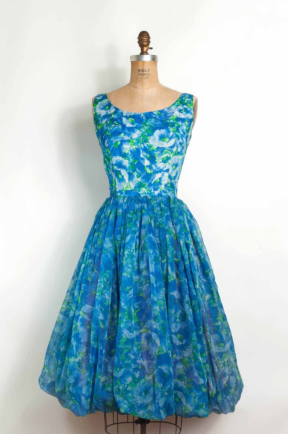 vintage 1960s dress / 60s blue floral chiffon party dress (small)