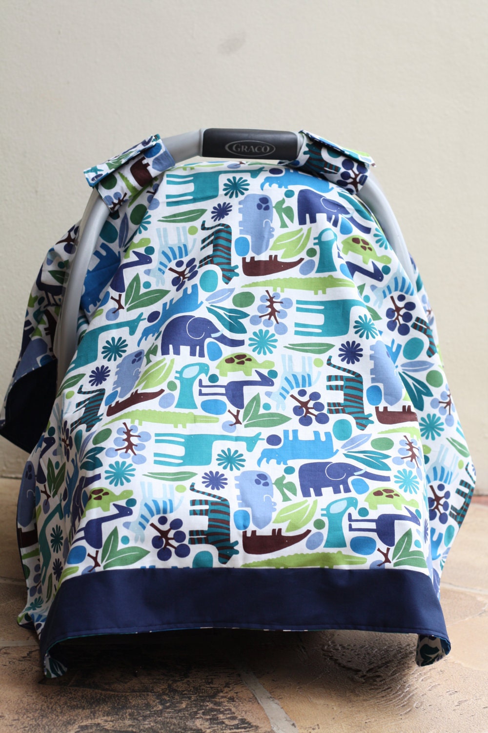 Jungle Animal Car Seat Canopy with Blue or Brown Underside