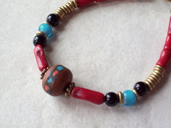 Origins Red Coral Bracelet-Jewelry Bracelet  Beadwork Primitive Rustic Eco Friendly