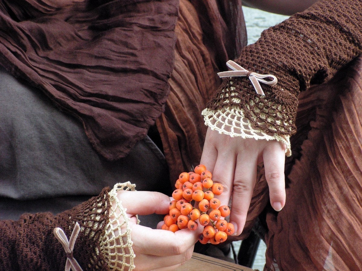 Miss Eyre - crocheted open work lacy romantic fall fasion wrist warmers cuffs in brown and beige