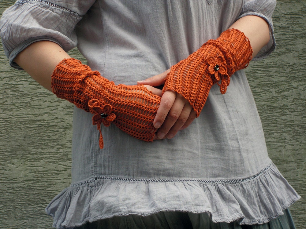 Lavaralda - lacy open work crocheted decorated mittens fingerless gloves