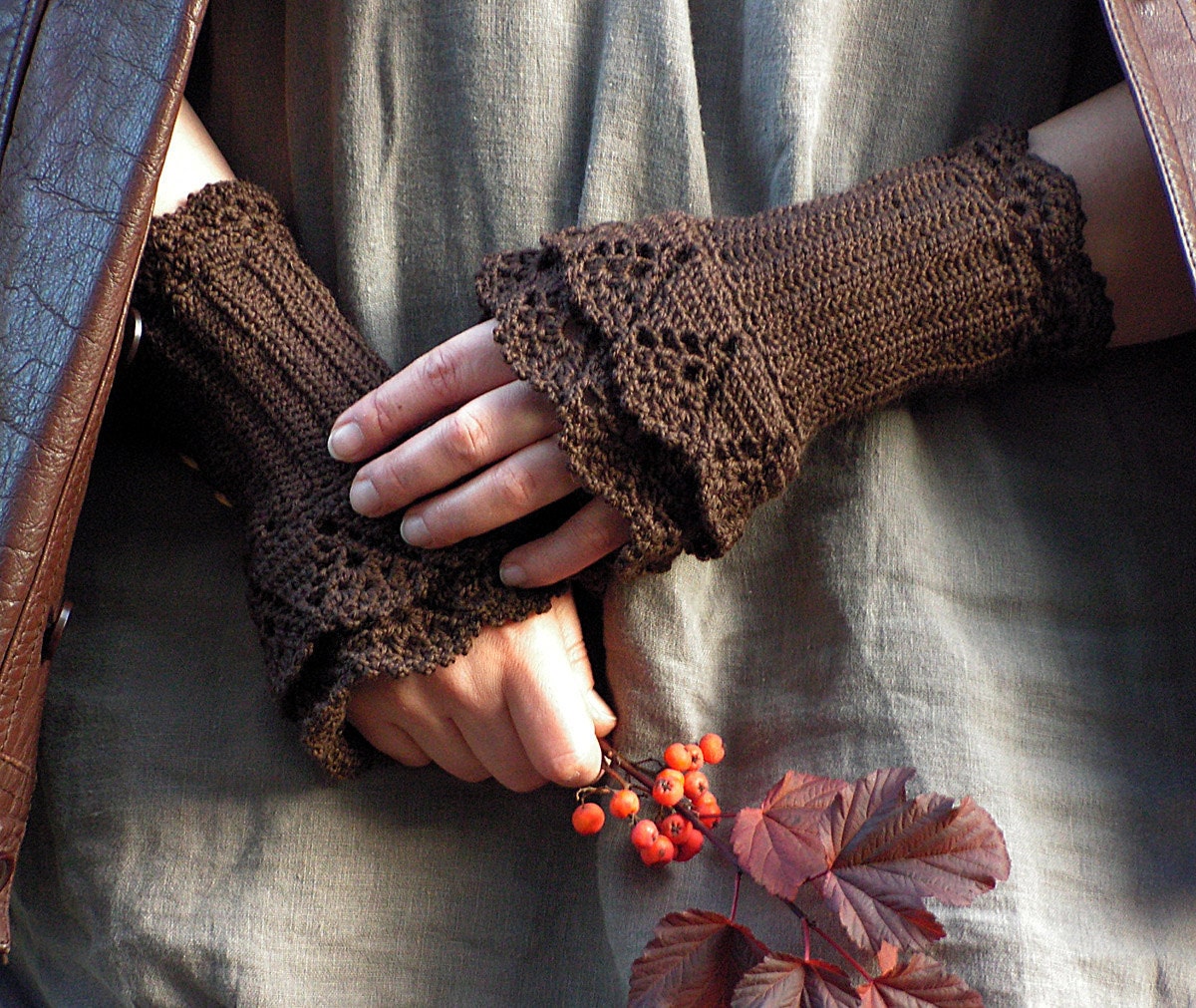 Chocolate Day - crocheted layered wrist warmers cuffs in dark brown