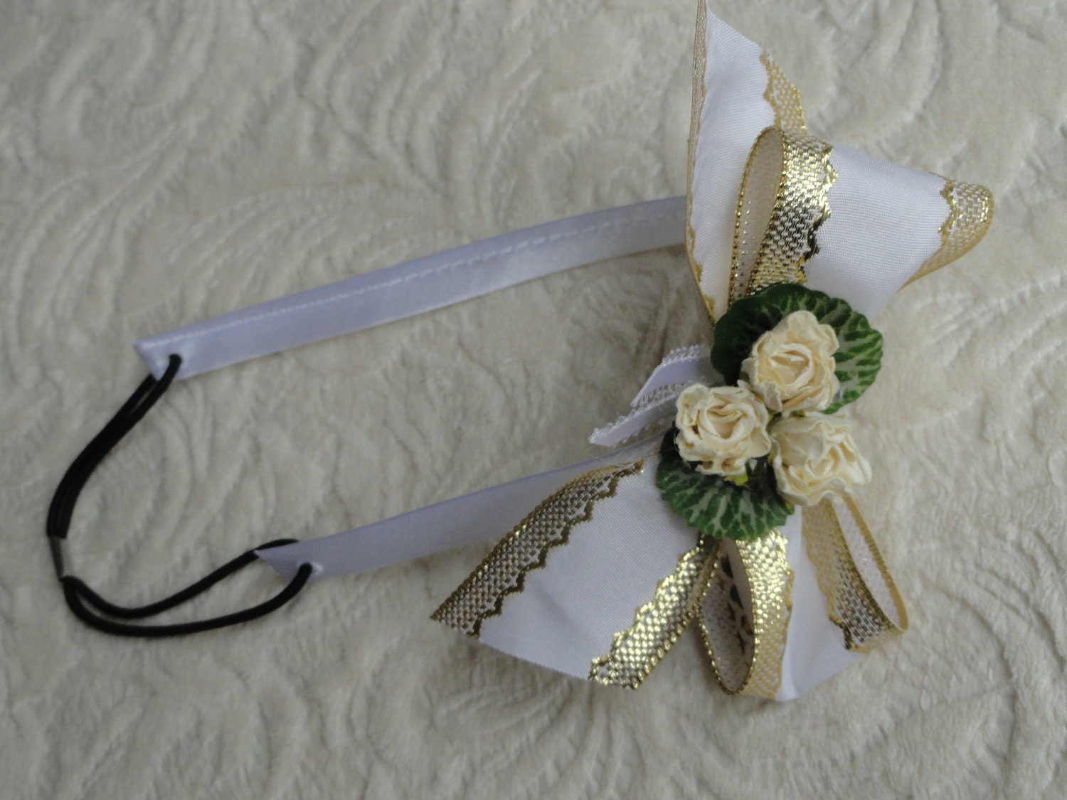 Hand made, bridal flowers, head piece, white and gold headband, weddings