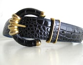 Navy Leather Belt 80s Embossed Leather with Gold Buckle
