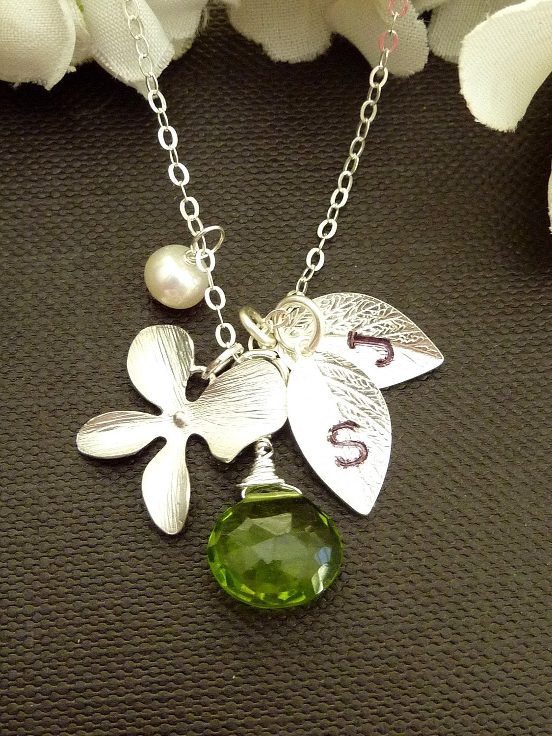 Pick Your Stone and Initial - Peridot, Pearl, Orchid Flower, 2 Custom Initial Leaf Necklace in Sterling Silver Chain (Gold is available) - JCGemsJewelry Pick Your Stone and Initial - Peridot, Pearl, Orchid Flower, 2 Custom Initial Leaf Necklace in Sterling Silver Chain (Gold is available) - JCGemsJewelry