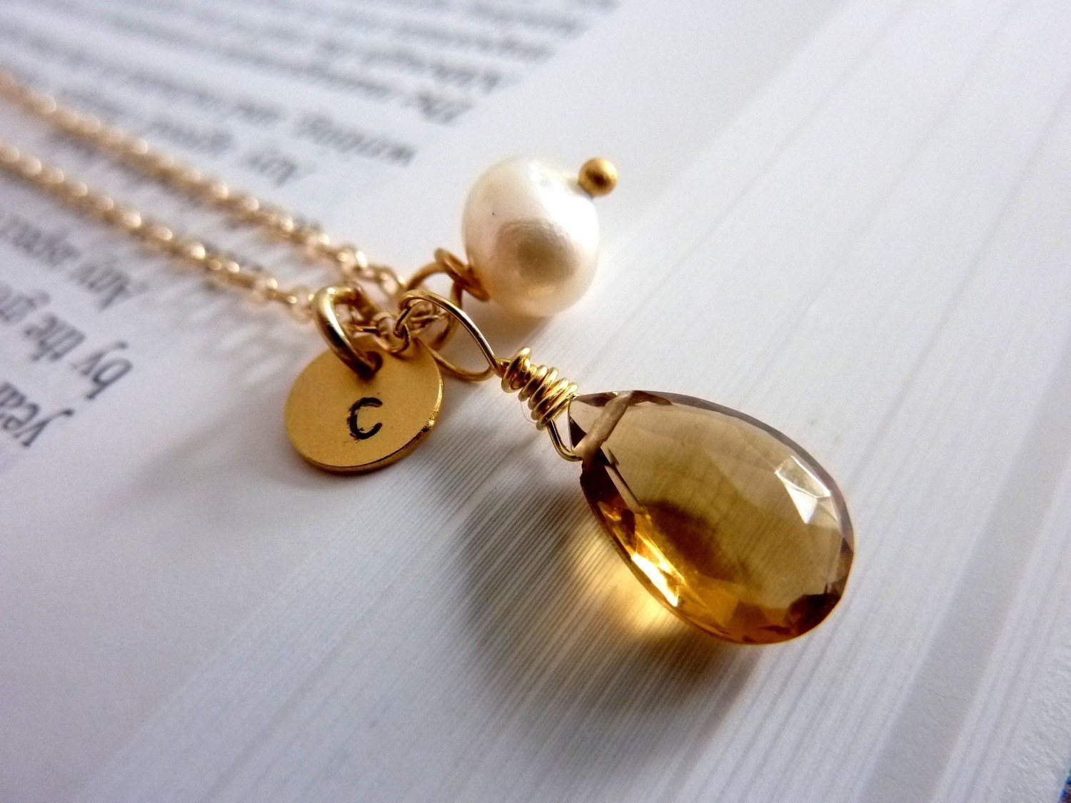 CUSTOM INITIAL AND STONE - AAA GOLDEN CITRINE CUSTOM INITIAL GOLD DISC PEARL in 14k Gold Filled Chain Necklace