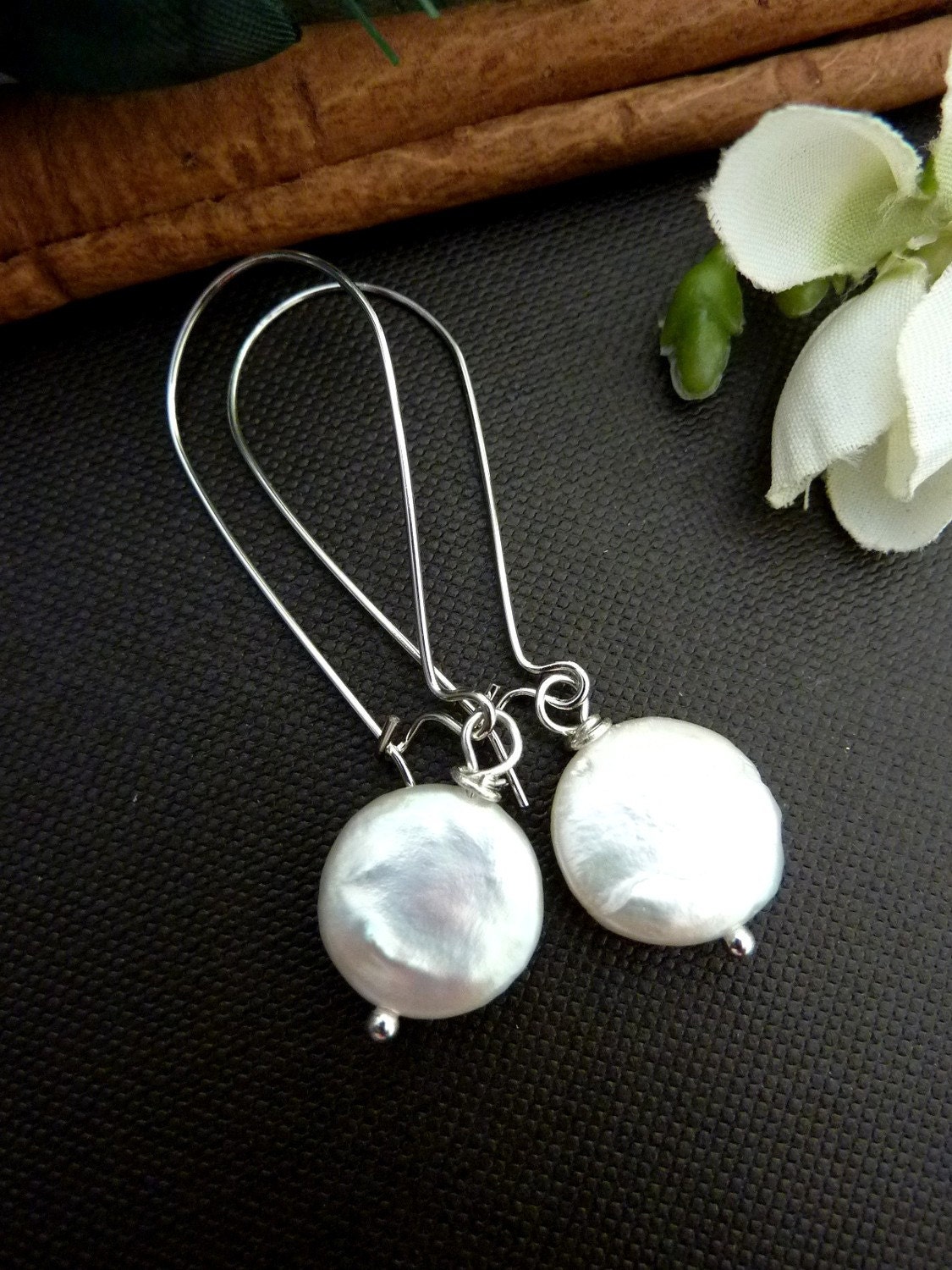 Simplicity - White Coin Fresh Water Pearl Silver Earrings -Great Bridesmaid or Birthday Gift