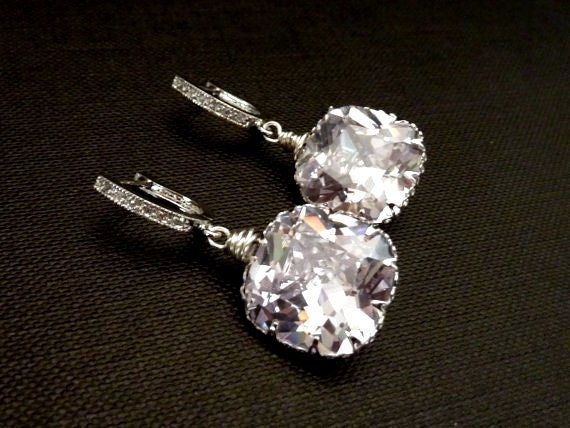 LARGE High Quality Princess Cut White Clear (Large) Square CZ  (Not Foiled Back) White Gold Plated CZ Hoop Earrings