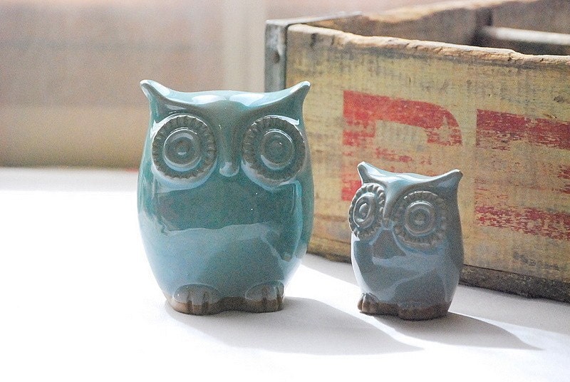 owl decor in robins egg set of two