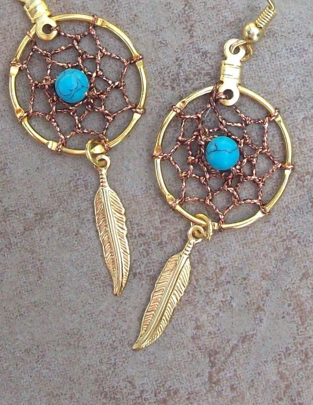 Gold, Turquoise and copper dream catcher earrings