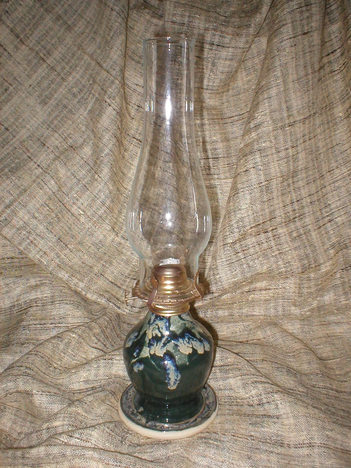 Forest Green Huricane Lamp / Gold Flowing Glaze