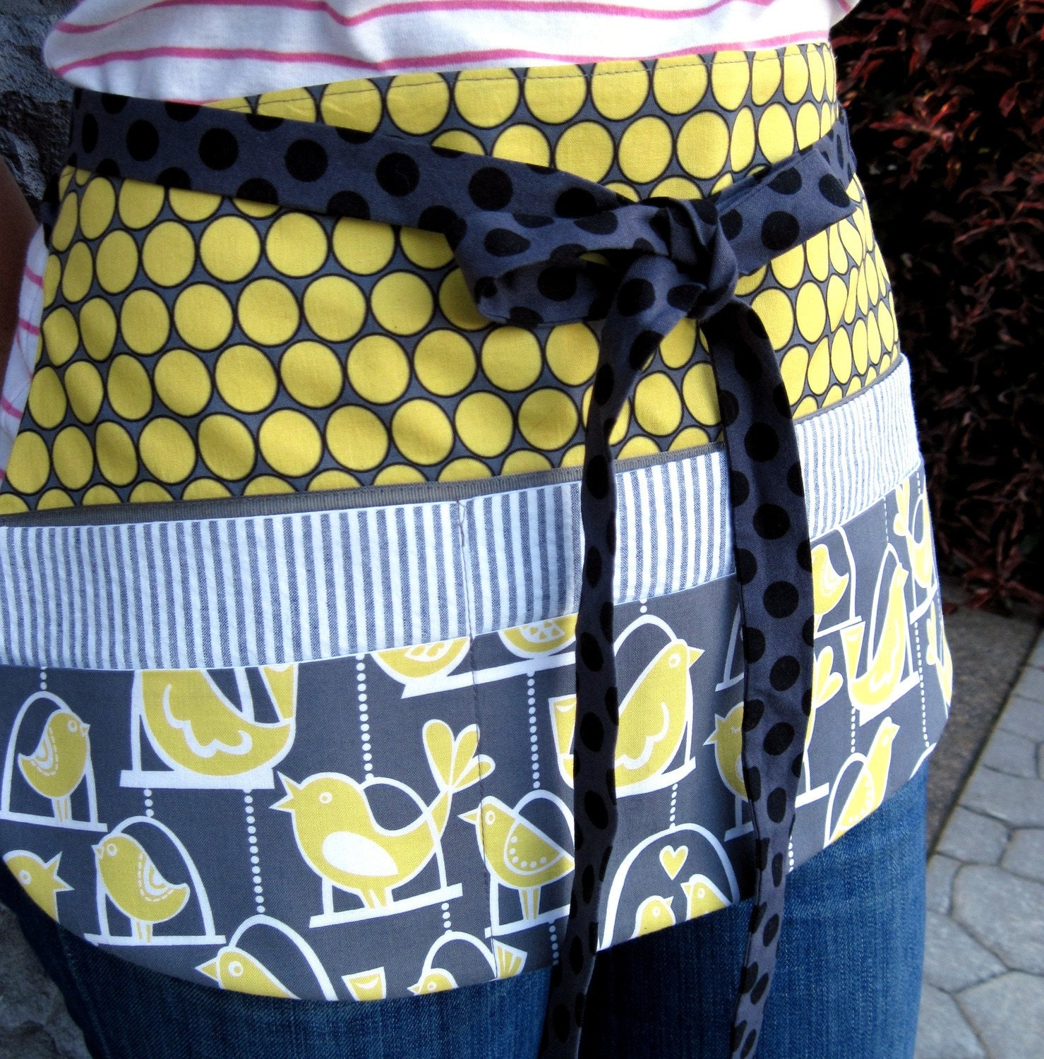 Modern Utility Apron, Foodphyte Original Six Pocket Apron for Crafters, Vendors or Teachers in Gray & Yellow Stripes, Dots, Birds