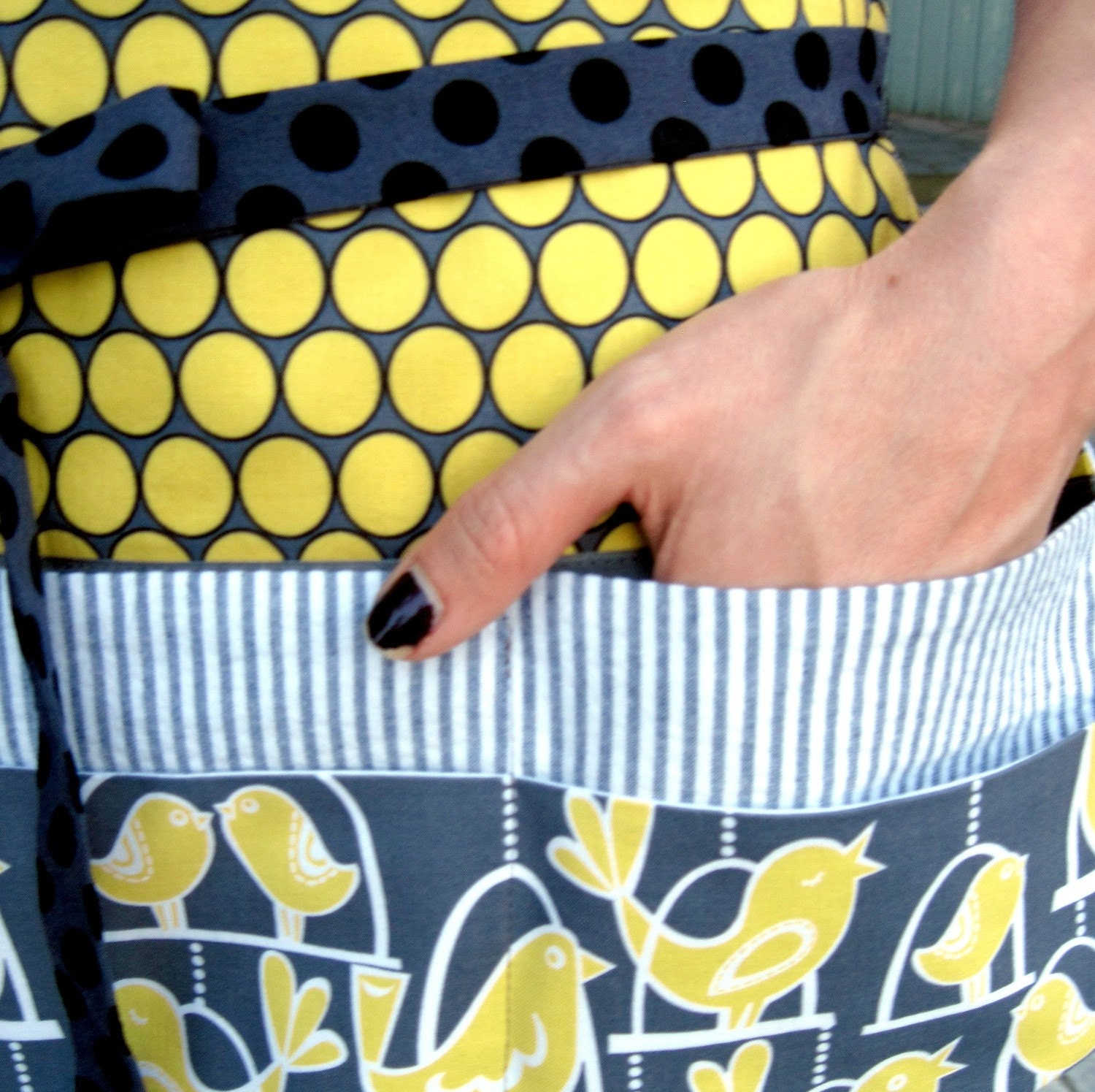 Modern Utility Apron, Foodphyte Original Six Pocket Apron for Crafters, Vendors or Teachers in Gray & Yellow Stripes, Dots, Birds