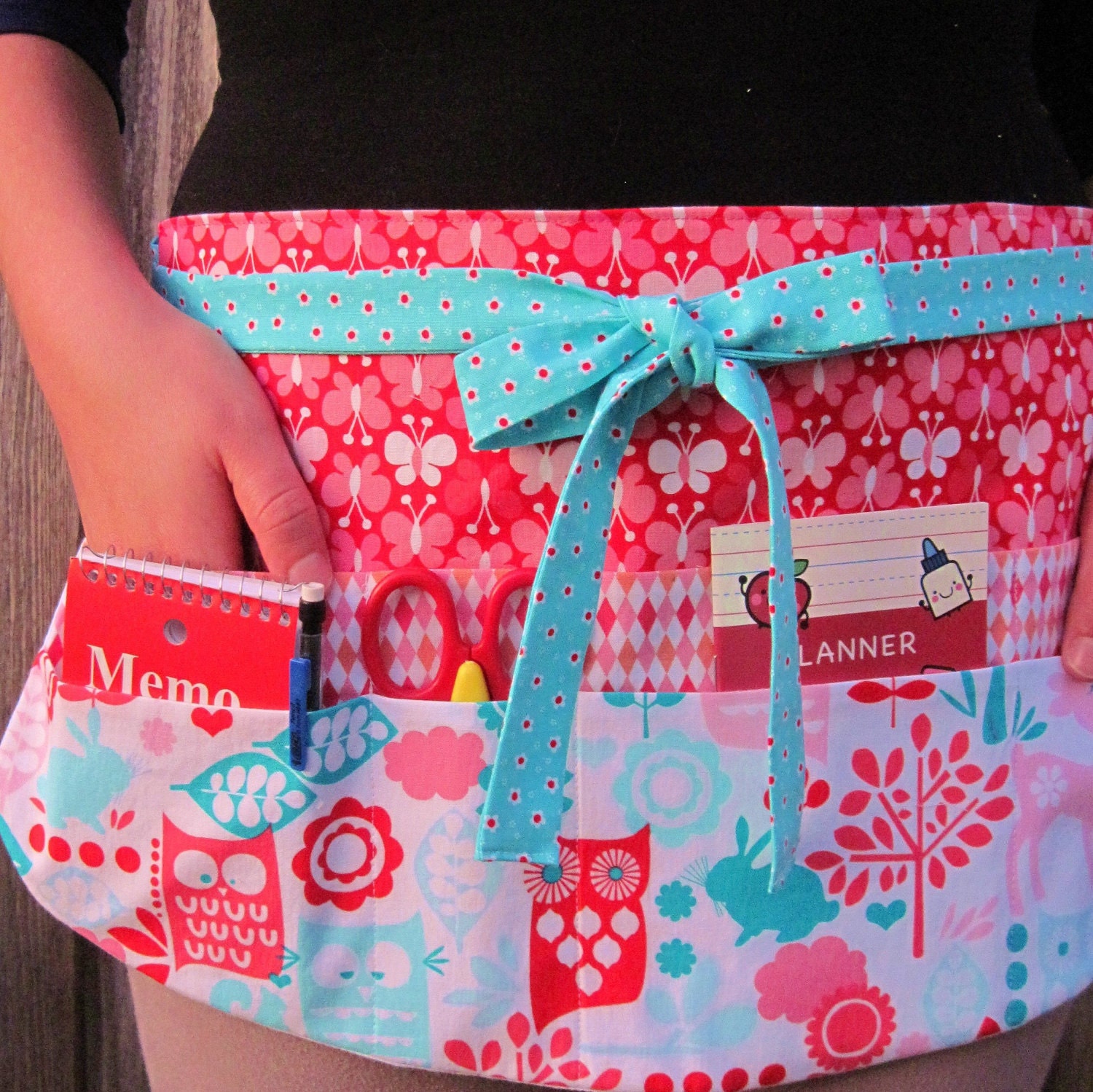 Teacher Utility Apron Owls and Butterflies Eight Pocket Utility Apron in Red, Pink and Aqua Classroom Elementary Preschool