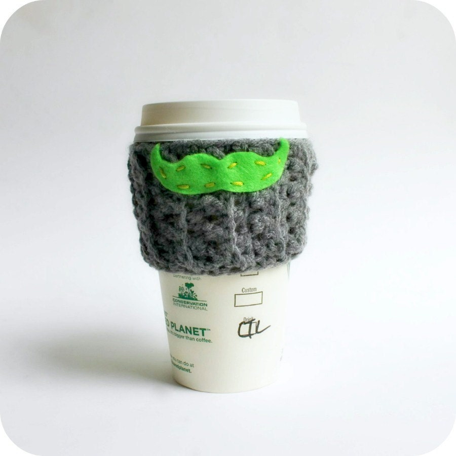 Travel Mug cozy coffee tea mustache gray neon lime green funny crochet handmade cover