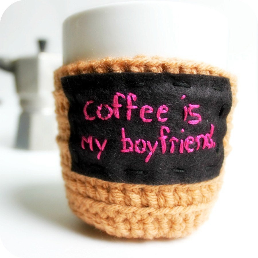 Coffee Cozy Mug Cozy funny crochet tan pink black handmade cover