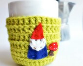 Gnome Funny Coffee Mug Tea Cup Cozy Chartreuse lime green spring crochet handmade cozy cover
