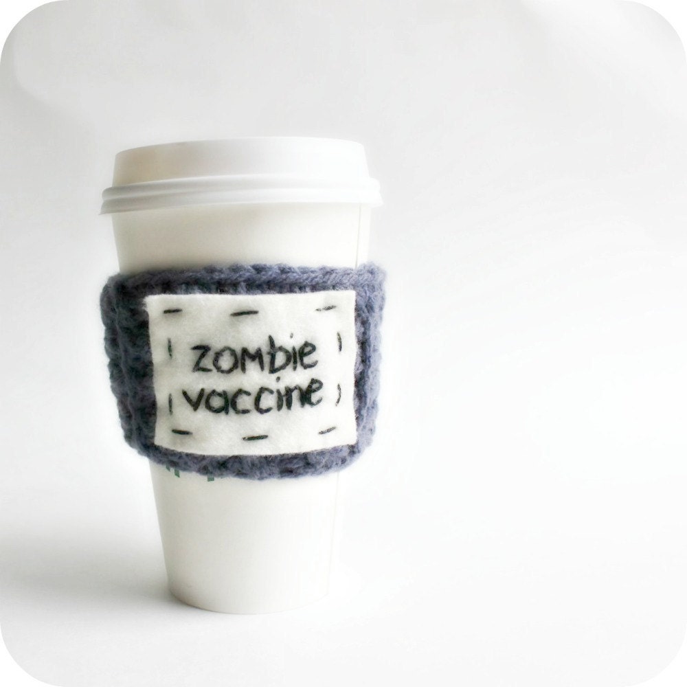 Coffee Cozy Tea Travel Mug To Go Cup Zombie gray purple blue crochet handmade cover