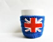 London Union Jack coffee mug tea cup cozy cosy blue white red crochet cover