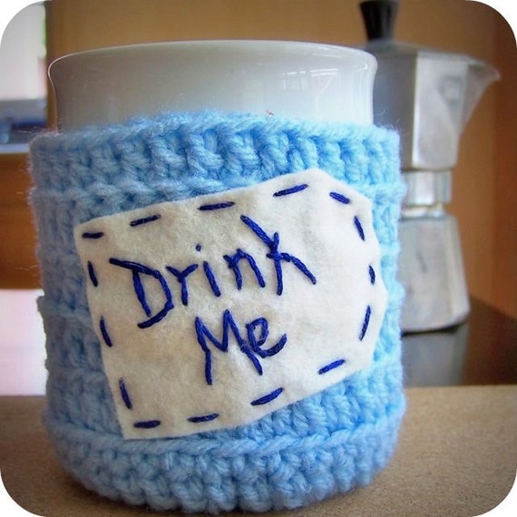 Drink Me funny coffee mug cozy sky blue white crochet handmade cover