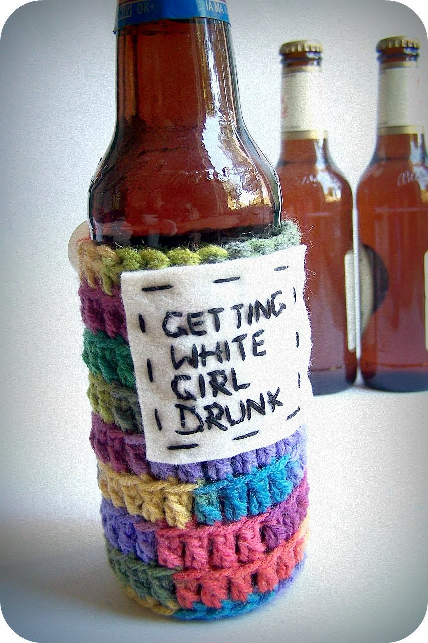 Cozy Cover Bottle Can Koozie White Girl Drunk rainbow crochet handmade