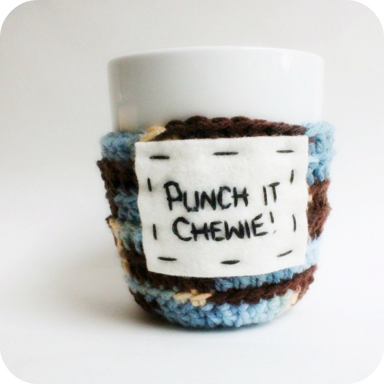 Funny coffee mug cozy tea cup Punch It Chewie blue brown crochet cover