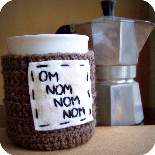 Coffee Mug Tea Cup Cozy Om Nom brown crochet handmade cover