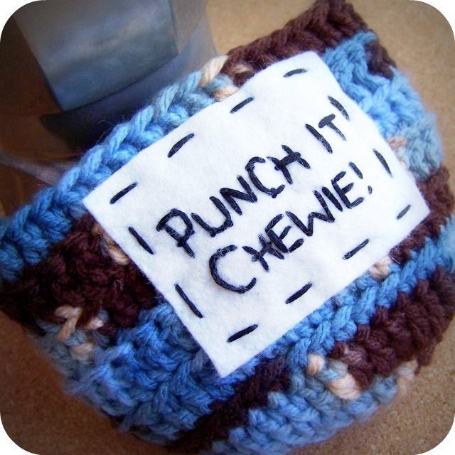 Funny coffee mug cozy tea cup Punch It Chewie blue brown crochet cover