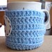Drink Me funny coffee mug cozy sky blue white crochet handmade cover