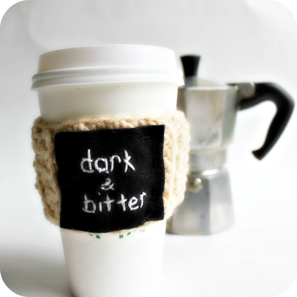 Funny Travel Mug To Go Cup cozy black white cream crochet handmade cover