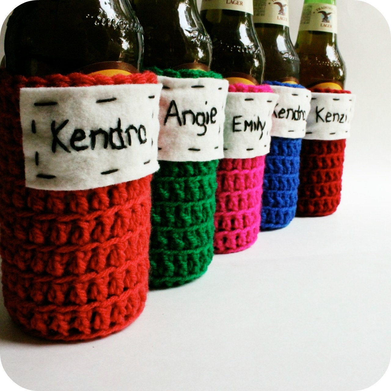 Wedding Monogrammed Koozies Bottle Can Cozy bridesmaid groomsmen favor custom personalized crochet cover