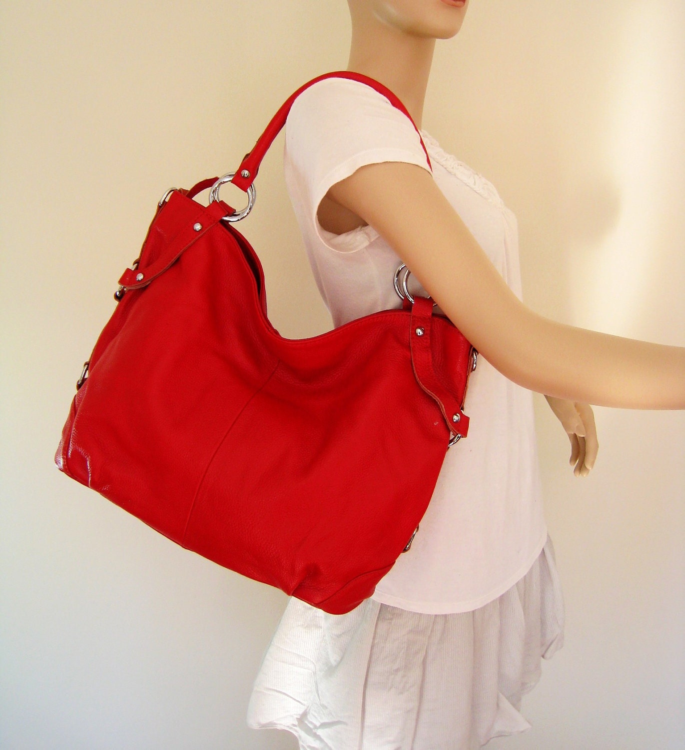 Leather hobo Flamingo red---Adeleshop handmade Leather bag/ Messenger/ Diaper bag/ Shoulder bag/ Tote/ Handbag/ Hip bag/ Women