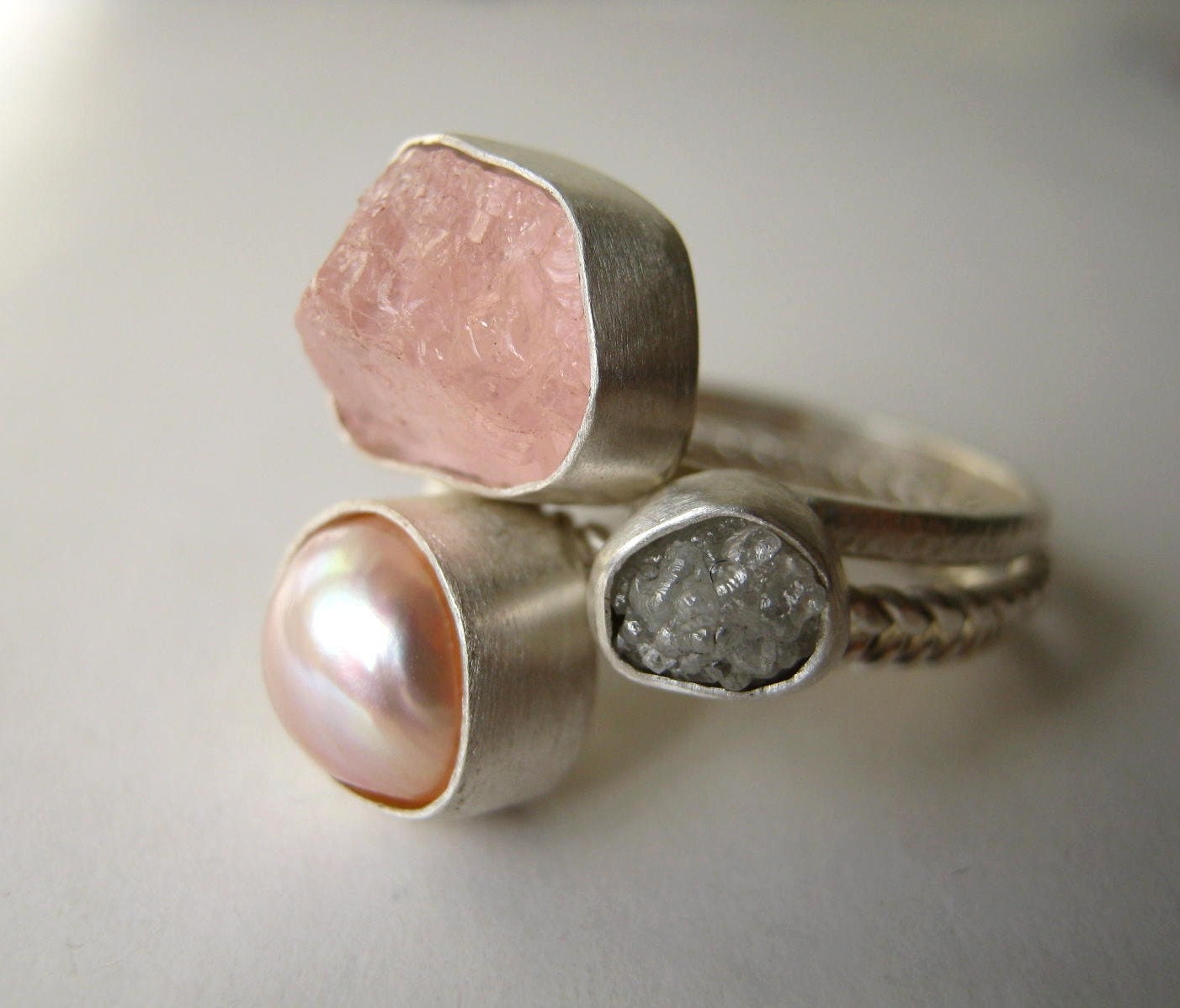 Rough Diamond, Rough Morganite and Natural Pearl Stack Ring Set - Engagement , Wedding