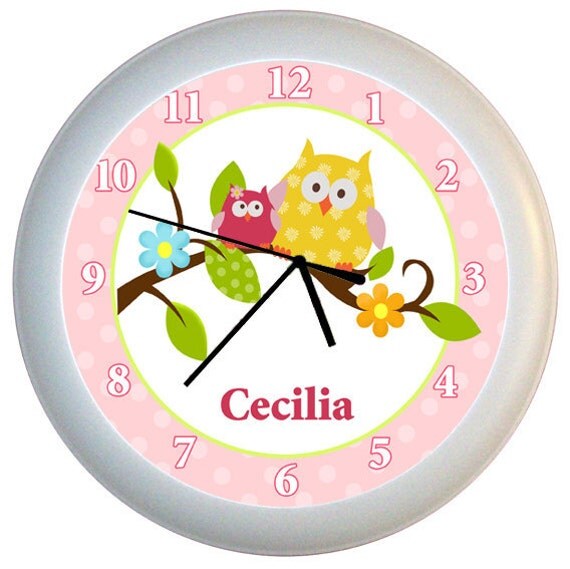 Happy Tree Owl Nursery Wall Clock Personalized with Name - Pink