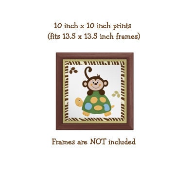In the Jungle Nursery Set Art Prints, Set of Four 10x10 size prints to frame and decorate baby nursery