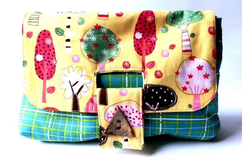 Clutch purse yellow and green with trees woodland purse