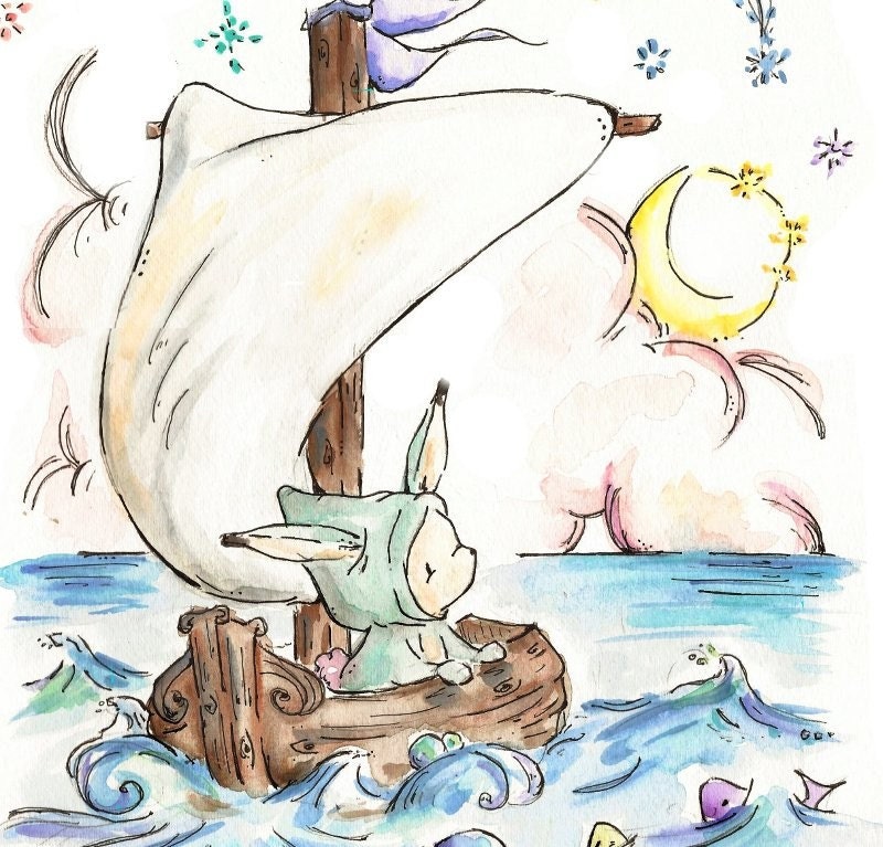 Bunny's Boat. PRINT. 8X10.  Nursery Art Wall Decor