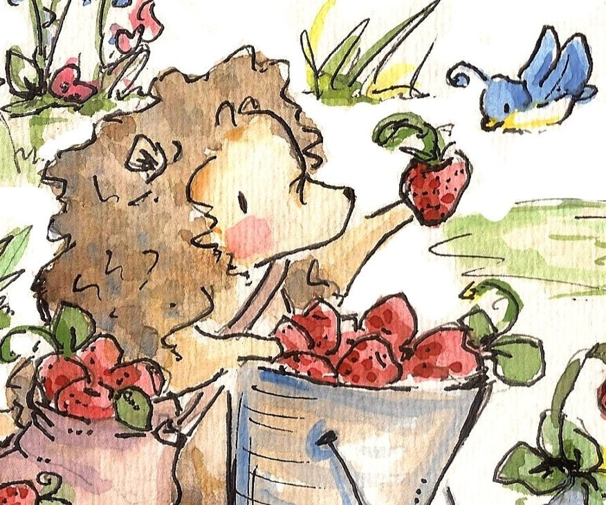 Strawberry Picking. PRINT. 8X10. Nursery Art Wall Decor