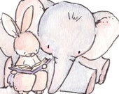 Children Art Print. Bunny and Elephant Reading. PRINT 8X10. Nursery Art Home Decor