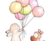 Children Art Print. VINTAGE Bunny and Owl. PRINT 8X10. Nursery Art Home Decor