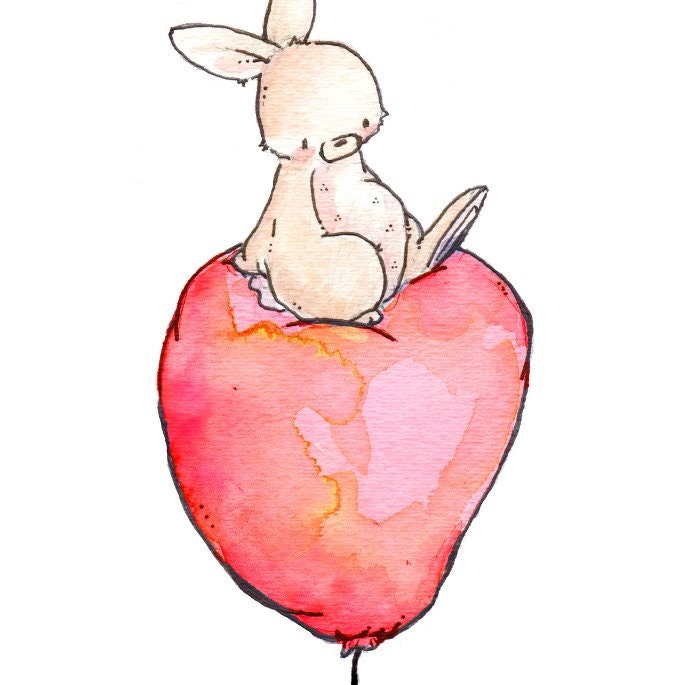 Children Art Print. Bunny Sitting on Red Balloon. PRINT 8X10. Nursery Art Home Decor