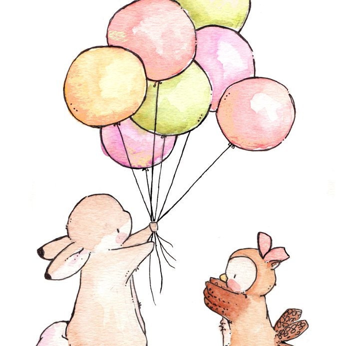 Children Art Print. VINTAGE Bunny and Owl. PRINT 8X10. Nursery Art Home Decor
