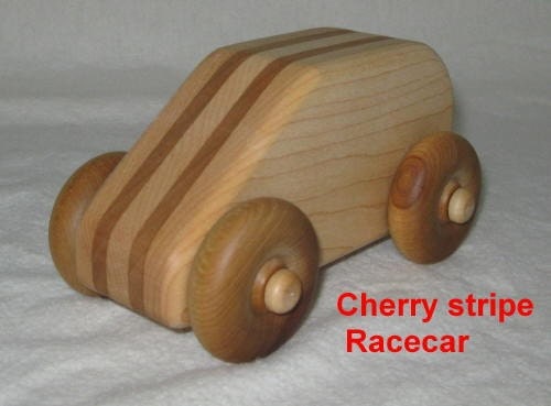 Wooden toy car in Maple with Cherry Racing Stripes