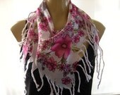 Limited edition....Anatolian Cotton Gauze Scarf...Palest Pink  with Fuchsia Flowers....Hottest Mediterranean Trend..