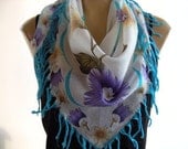 Limited Collection...Anatolian Cotton Gauze Scarf....Cream white with Big Purple flowers...Hottest Mediterranean Trend..