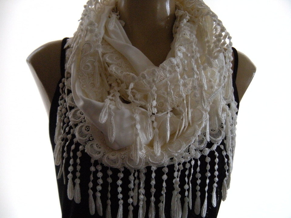 La Boheme..Navy Blue...laced and fringed Necklace/Infinity scarf. Love story.