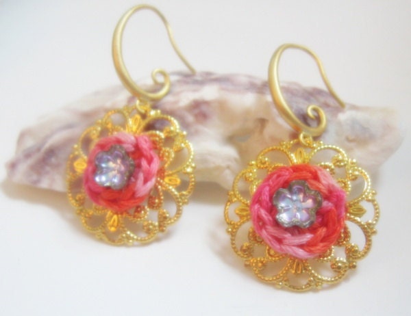 Golden Filigree Dangle Earrings with Peachy Coral Hand-Crocheted Circles and Lilac Vintage Glass Flowers - Mother's Day Gift
