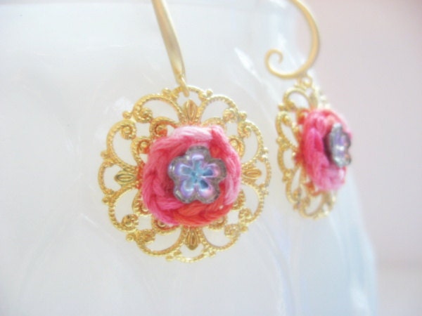 Golden Filigree Dangle Earrings with Peachy Coral Hand-Crocheted Circles and Lilac Vintage Glass Flowers - Mother's Day Gift